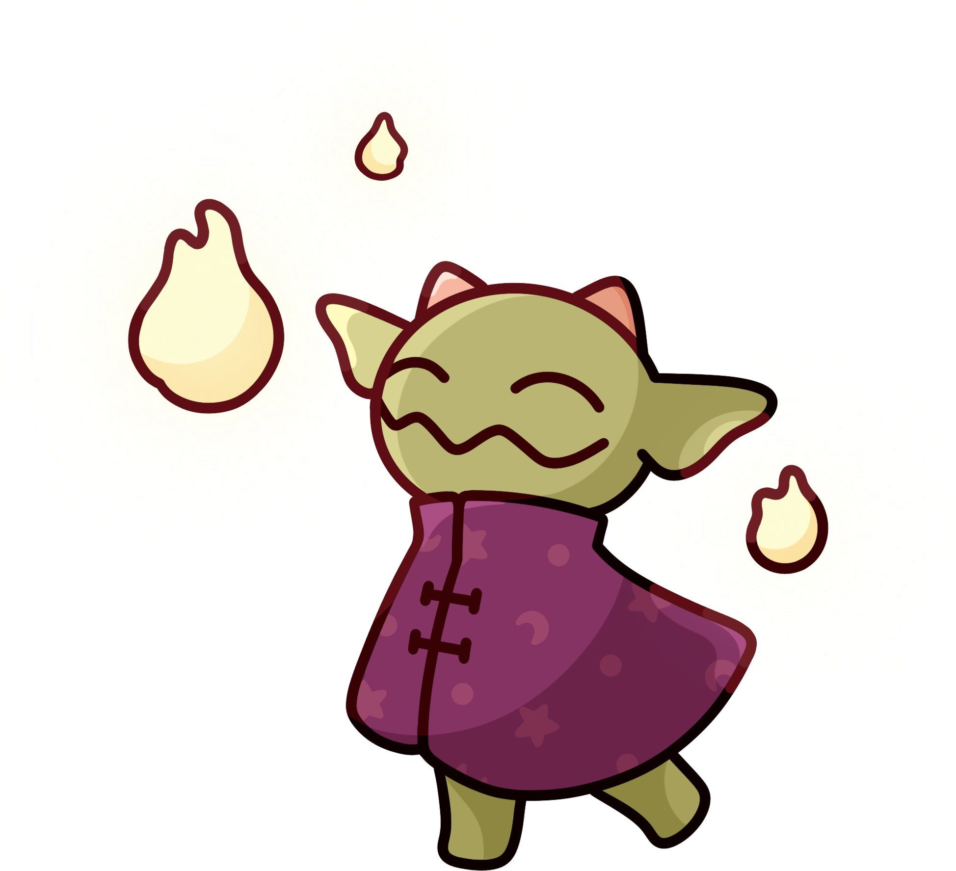 A pleased gremlin walking with little fireball around it.